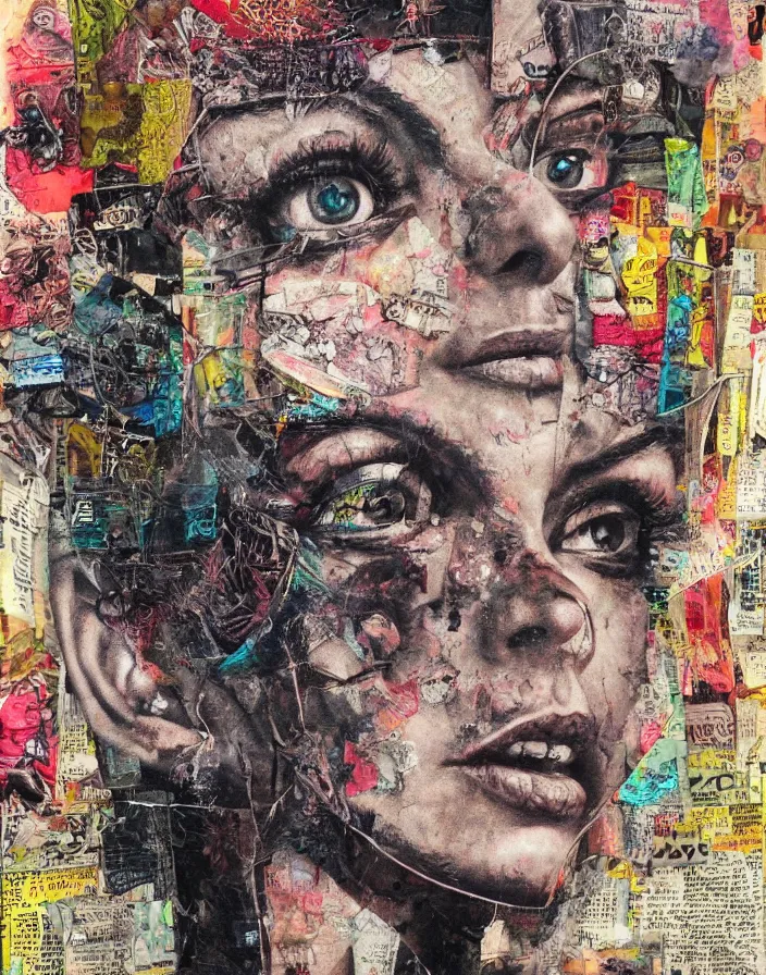 Image similar to deja vu detailed mixed media collage, conteporary art, punk art, realistic face, photorealistic, expressionism, masterpiece, perfect composition, spectacular quality, intricate oil swings