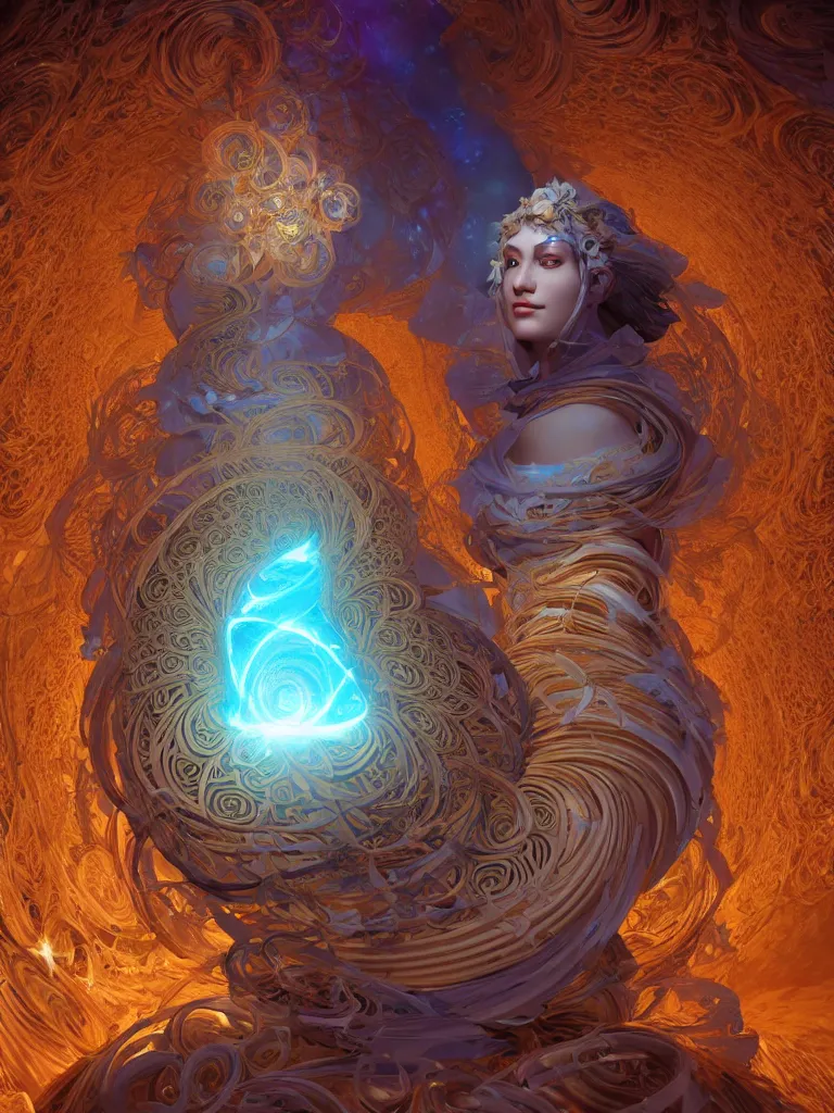 Prompt: a beautiful goddesses is generating energy fields and spiral fractal sacred geometry, by justin gerard and james jean, 3 d, cinema 4 d render, trending on artstation, octane render, 8 k