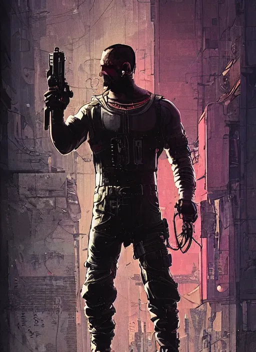 Image similar to the punisher. cyberpunk mercenary in tactical harness and jumpsuit. spin kick. portrait by stonehouse and mœbius and will eisner and gil elvgren and pixar. realistic proportions. dystopian. cyberpunk 2 0 7 7, apex, blade runner 2 0 4 9 concept art. cel shading. attractive face. thick lines.