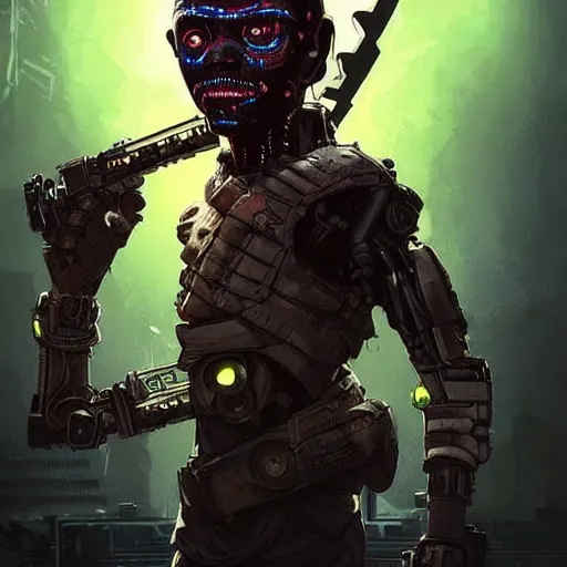 Image similar to a dark and ominous cyborg african child soldier with glowing eyes and facial scarification marks, Apex Legends character digital illustration portrait design, by android jones and greg rutkowski in a cyberpunk voodoo style, retrowave color scheme, detailed, cinematic lighting, wide angle action dynamic portrait