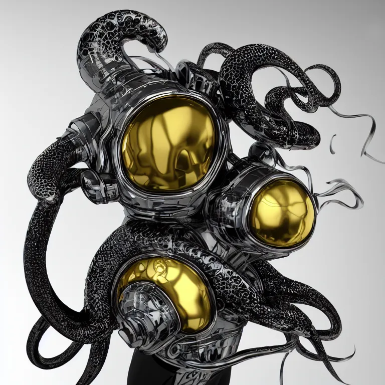 Image similar to octane render portrait by wayne barlow and carlo crivelli and glenn fabry, subject is a futuristic scuba diver with a shiny reflective silver metal helmet with colorful reflective goggles and covered in black ribbed rubber hoses, wrapped up in and completely covered by giant long shiny reflective golden octopus tentacles, cinema 4 d, ray traced lighting, very short depth of field, bokeh