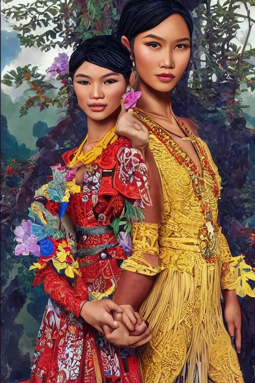 Image similar to hand holding a lego, portrait of a beautiful indonesian supermodels wearing traditional costume, highly detailed, digital painting, artstation, concept art, sharp focus, illustration, art by kittichai rueangchaichan and james gurney and alphonse mucha