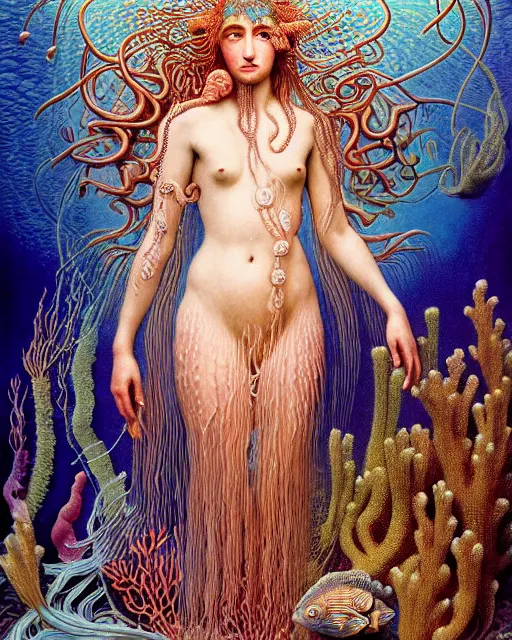 Prompt: realistic detailed underwater portrait of the beutiful young goddess of the fish of the three times with an intricate headdress of corals, sea kelp, sea plants, fish, jellyfish, art by ernst haeckel, zdzisław beksinski, h. r. giger, gothic, neo - gothic, ornamental,