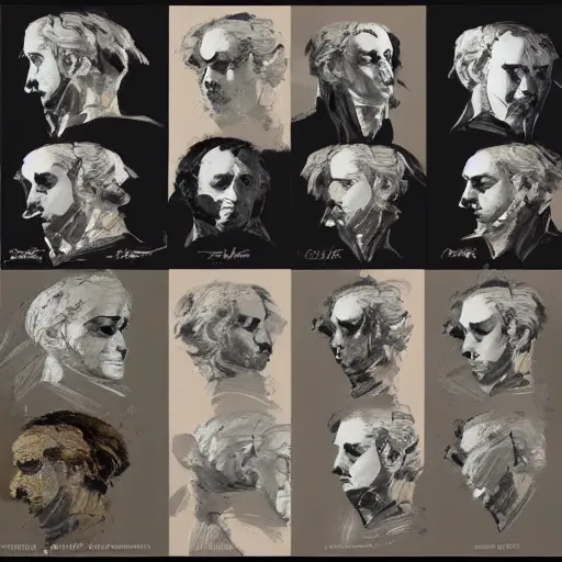 Prompt: faces reference sheet of napoleon bonaparte by ashley wood and j. m. w. turner, speed painting, monochrome