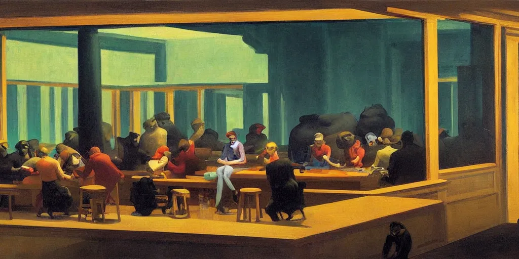 Prompt: painting, view from inside edward hopper's painting nighthawks, of a group of werebears inside a gallery, by magrirre, by neo rauch