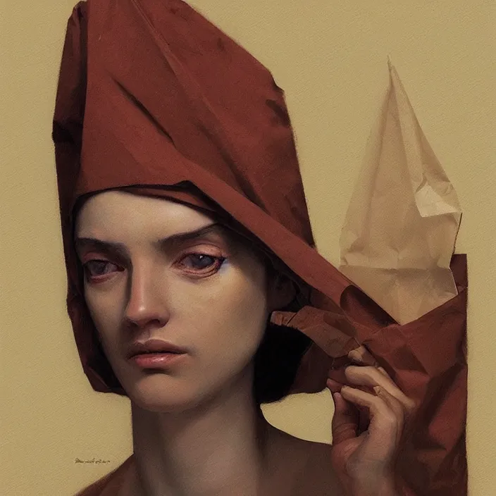 Image similar to woman portrait with a paper bag over the head and a sward, highly detailed, artstation, art by ilya kuvshinov, zdislav beksinski, wayne barlowe, edward hopper
