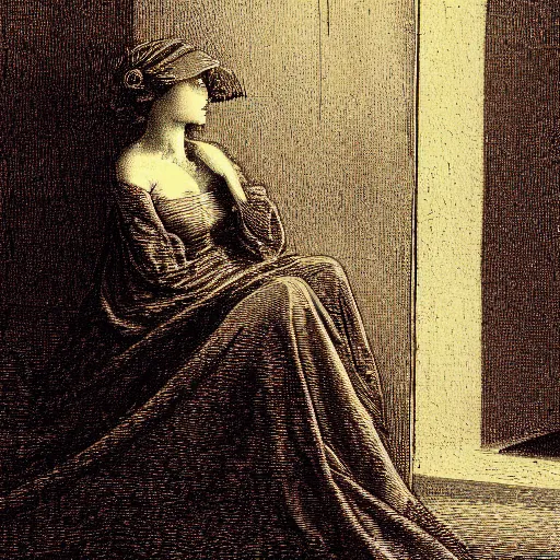 Prompt: side portrait of a beautiful victorian widow, close up, depth, shadow, dramatic light, Chiaroscuro, illustration by Gustave Doré