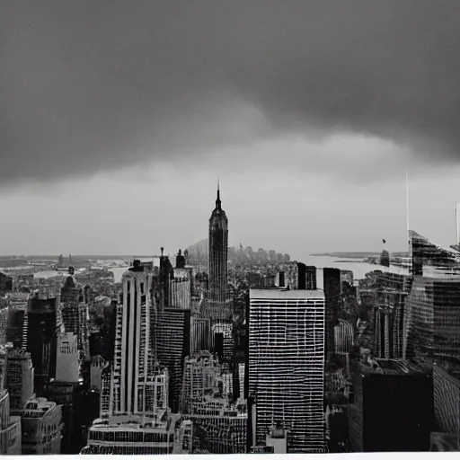 Prompt: a black and white grainy photo of a mysterious event happening over new york city