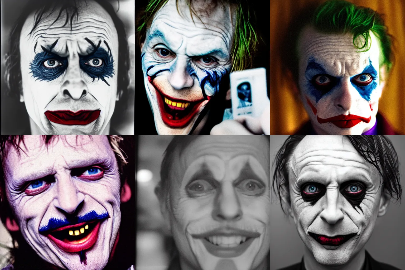 Prompt: Gareth Keenan as the joker, portrait photograph, film grain