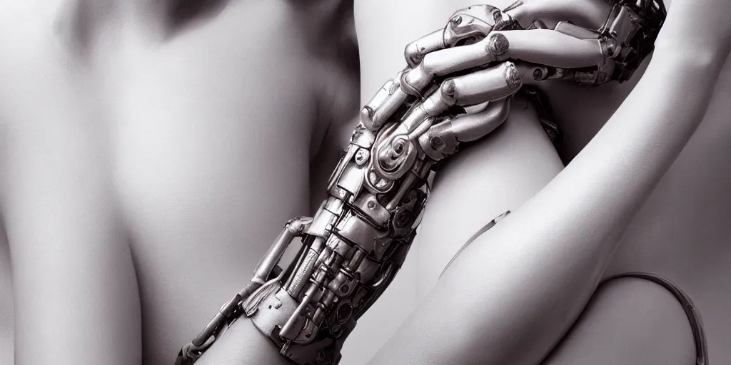 Image similar to hyperrealistic photography of a stunningly beautiful cyborg female, mechanical elbow, plated arm, intimate, holding hands, in the style of beth cavener, jin kagetsu,, and wlop, highly detailed, intricate, face symmetry, masterpiece, award - winning, sharp focus, concept art, high key, ambient lighting, 8 k, octane render, artstation