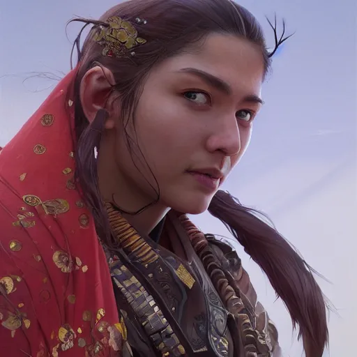 Image similar to Hyper realistic detailed portrait of !!!!!!Kurdish samurai, Stephen Bliss, unreal engine, fantasy art by Greg Rutkowski, Loish, Rhads, ferdinand knab, Makoto Shinkai and Lois van baarle, ilya kuvshinov, rossdraws, Tom Bagshaw, alphonse mucha, global illumination, radiant light, detailed and intricate environment, highly detailed, award winning art