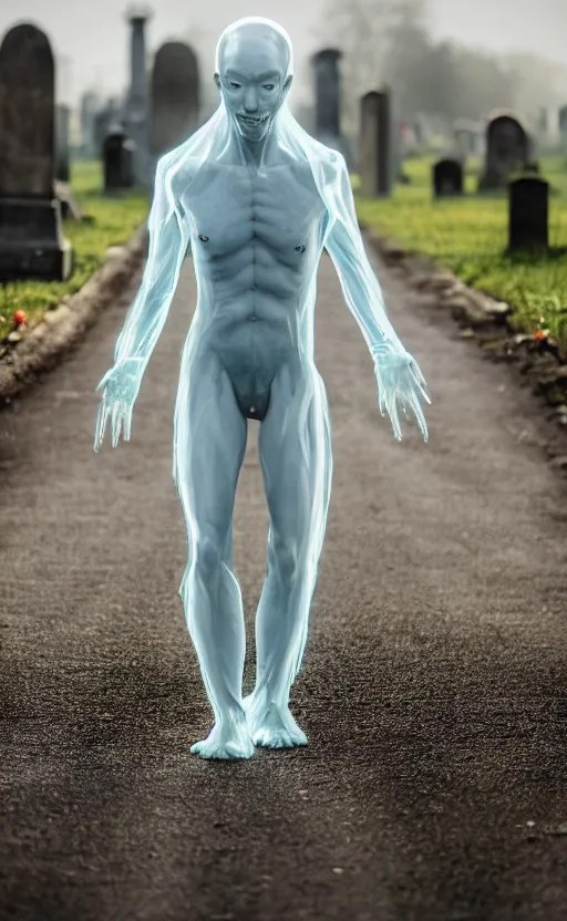 Image similar to a full long shot photo of a translucent alien being, invisible, streets, ghost, creepy, horror, scary, stressful, caucasian, nighttime, cemetery, bloody, blood everywhere, very bloody, cinematic, legendary, epic, glow up, realistic, 8 k, hdr, extremely detailed
