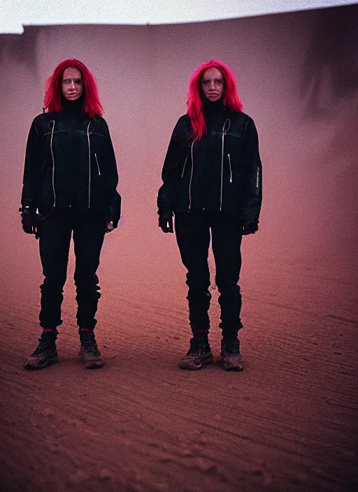 Prompt: cinestill 5 0 d photographic portrait of two loving clones, women wearing rugged black techwear on a desolate plain with a red sky, extreme closeup, diverse species, cyberpunk, in front of a brutalist dark metal facility, dust storm, 3 5 mm, 8 k, f / 3 2, high resolution, ultra realistic faces, beautiful faces