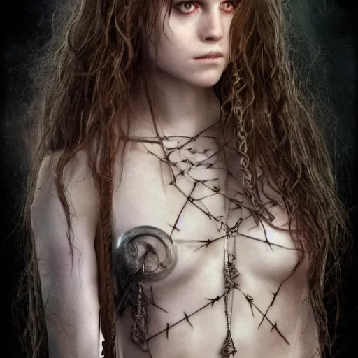 Prompt: dressed Hermione Granger in tattoos, by luis royo, , by Aggi Erguna, top cinematic lighting, cinematic mood, hyperrealism, full-length, clear faces, high detail