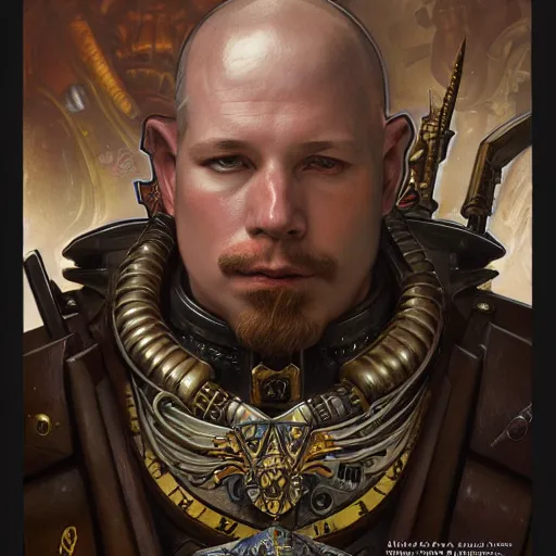 Image similar to full portrait of warhammer 4 0 k mike meyers, fantasy, d & d, intricate, detailed, by by alphonse mucha, adolfo hohenstein, alice russell glenny, stanley artgerm lau, greg rutkowski, detailed, trending on artstation, trending on artstation, smooth