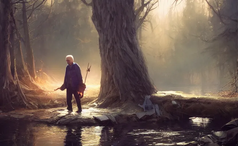 Image similar to highly detailed portrait of joe biden as a homeless, stuck in the river, stephen bliss, unreal engine, fantasy art by greg rutkowski, loish, rhads, ferdinand knab, makoto shinkai and lois van baarle, ilya kuvshinov, rossdraws, tom bagshaw, global illumination, radiant light, detailed and intricate environment