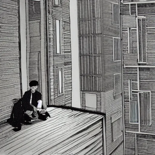 Prompt: two singaporean students sitting on the roof of a hdb flat, by moebius