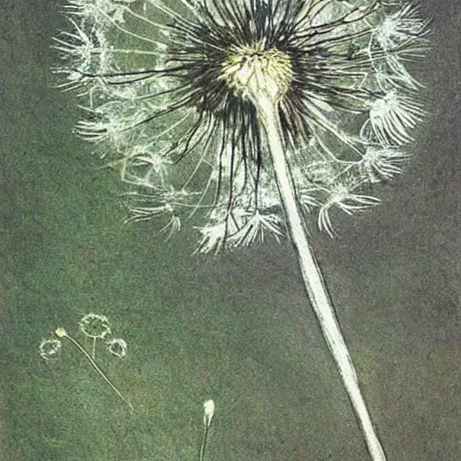 Prompt: a beautiful fairytale painting of a dandelion seed that is also a fairy. the dandelion seed is the body of the fairy. beautiful clear painting by arthur rackham
