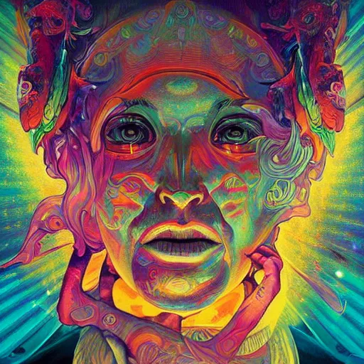 Image similar to An extremely psychedelic experience, colorful, surreal, dramatic lighting, cosmonaut, LSD, face, detailed, intricate, elegant, highly detailed, digital painting, artstation, concept art, smooth, sharp focus, illustration, art by Sam Spratt, Dan Mumford, Artem Demura and Alphonse Mucha