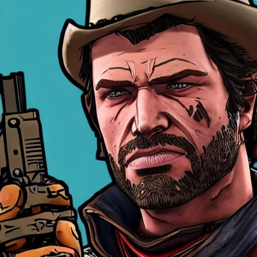 Image similar to Arthur Morgan from Red Dead Redemption 2 drawn in the style of Borderlands