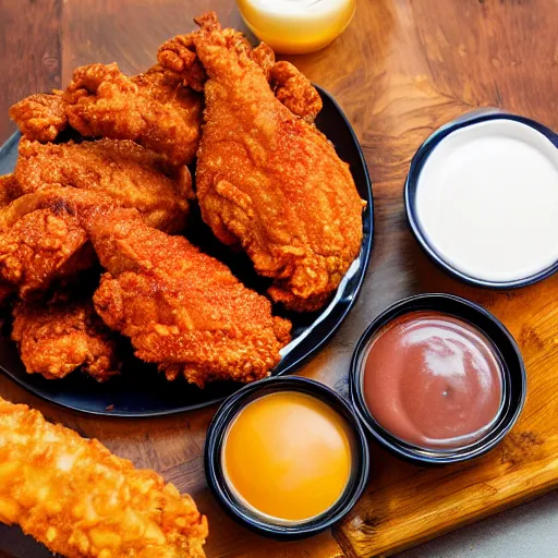 Prompt: large plate of delicious greasy fried chicken, with a side of dipping sauces, realistic advertising photography, 4K resolution, spot lighting