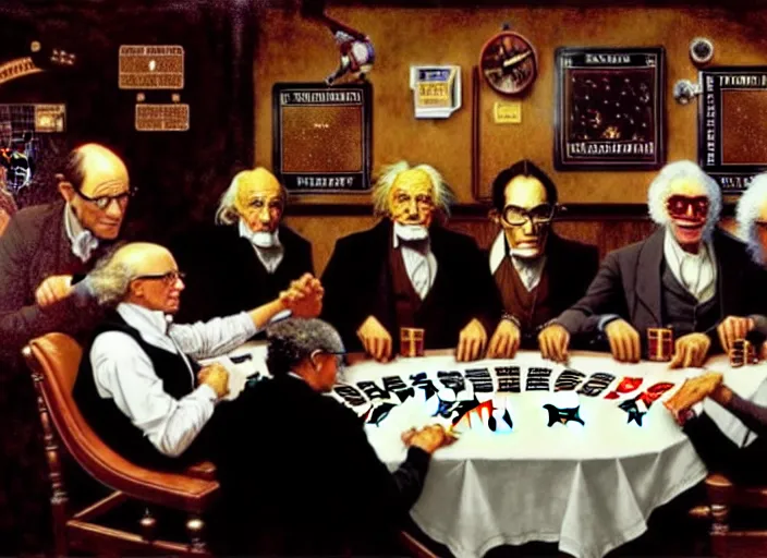 Image similar to isaac newton and stephen hawkins and asimov and albert einstein playing poker in an old west saloon, centered, digital painting, artstation, concept art, smooth, illustration, art by james gurney and norman rockwell and greg rutkowski