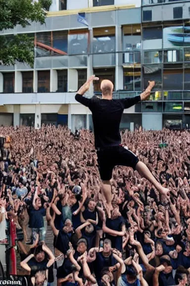 Image similar to a photo taken from a distance of police surrounding a man floating in the air with his hands up