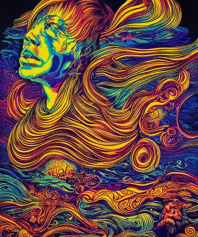 Image similar to beautiful colorful hyperrealist highly detailed psychedelic music poster, high contrast colored wood engraving, trending on artstation 8 k