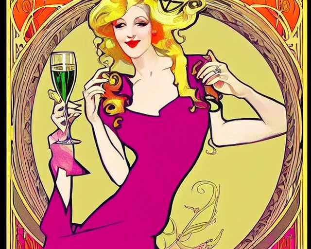 Prompt: art nouveau, blonde woman, a glass of champagne, cheerful, bright, clear colors, mucha