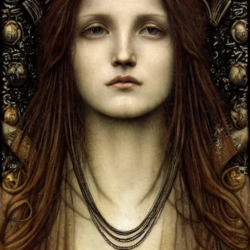 Image similar to detailed realistic beautiful young medieval queen face portrait by jean delville, brooke shaden, gustave dore and marco mazzoni, art nouveau, symbolist, visionary, gothic, pre - raphaelite, ornate gilded medieval icon