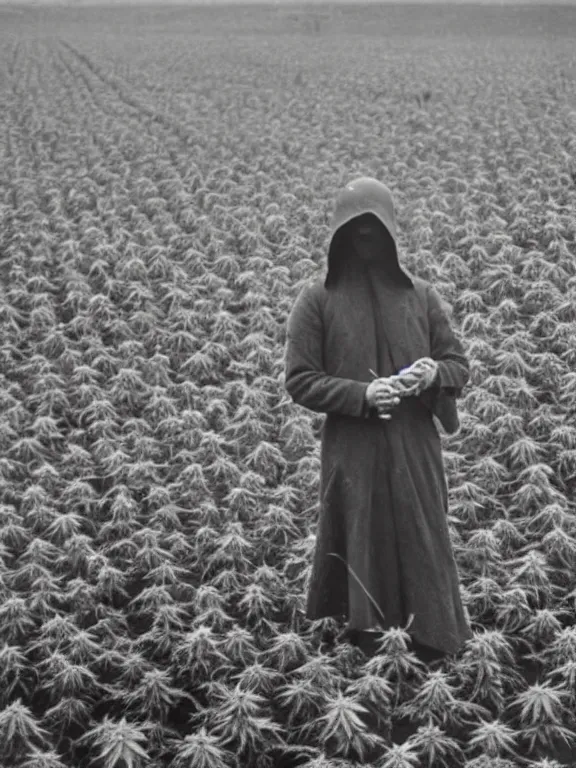 Image similar to grim reaper with no face in cannabis field, ww1 photo, grainy, high detail, high resolution,