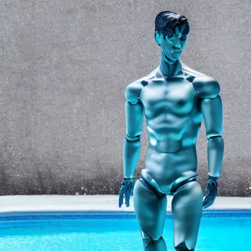 Image similar to made of ice, a realistic detailed photo of a guy who is an attractive humanoid who is half robot and half humanoid, who is a male android, on display, blank stare, showing off his muscles, shiny skin, posing like a statue, by the pool, frozen ice statue, twitch streamer / gamer ludwig, humanoid robot