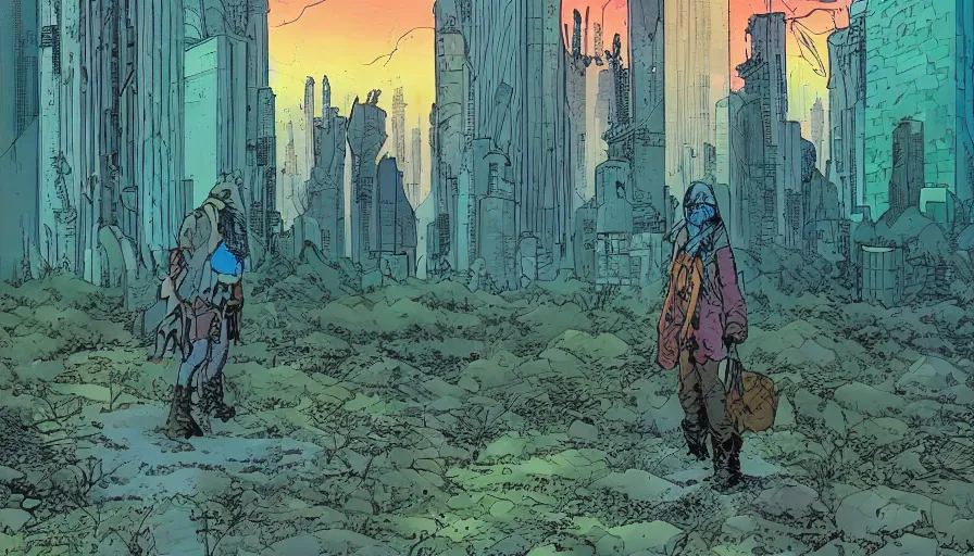 Image similar to ligne claire art of a druid in postapocalyptic city intertwined with nature in the open space, street - level view, by moebius, bright colors, eisner award - winning spread