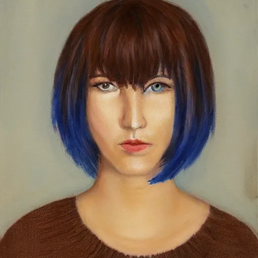 Prompt: beautiful woman with short blue hair, big brown eyes, wearing a brown sweater, oil painting