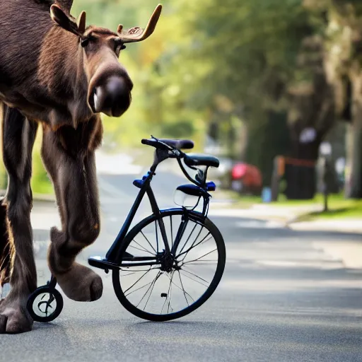 Prompt: anthropomorphic moose repairing a bicycle XF IQ4, f/1.4, ISO 200, 1/160s, 8K, RAW, unedited, symmetrical balance, in-frame