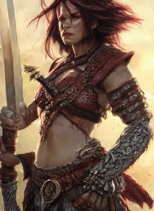 Image similar to angry female barbarian, ultra detailed fantasy, dndbeyond, bright, colourful, realistic, dnd character portrait, full body, pathfinder, pinterest, art by ralph horsley, dnd, rpg, lotr game design fanart by concept art, behance hd, artstation, deviantart, hdr render in unreal engine 5