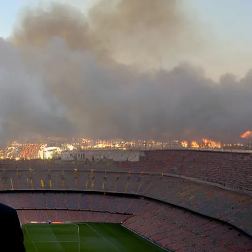 Image similar to high quality photograph, the camp nou burning in the distance, while florentino perez smokes a cigar next to the camera