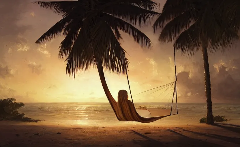 Prompt: painting of a hammock at sunset with tropical palm trees, natural light, concept art, by greg rutkowski, cozy atmospheric and cinematic lighting