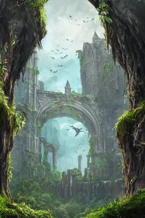 Prompt: gigantic castle, arches adorned pillars, towers, archways, gnarly trees, lush vegetation, forrest, landscape, alex ross, neal Adams, david finch, , concept art, matte painting, highly detailed, rule of thirds, dynamic lighting, cinematic, detailed, denoised, centerd