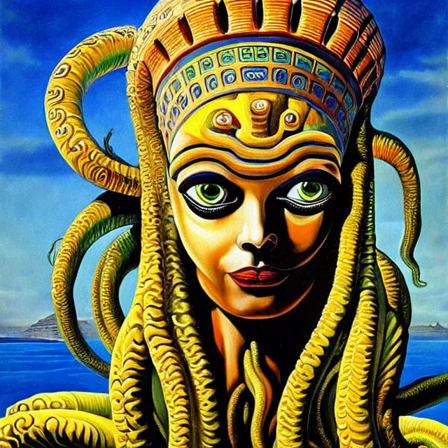 Image similar to a beautiful painting cthulhu mythos robot queen of egypt medusa face, by salvador dali realistic oil painting