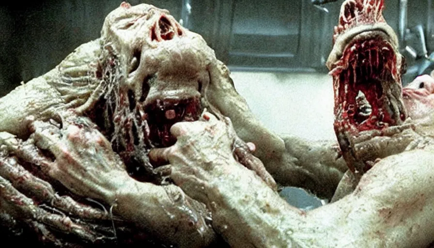 Image similar to a demonic vile disturbing disgusting horror visceral monster eating a man, from the thing, david cronenberg, tom savini, greg nicotero