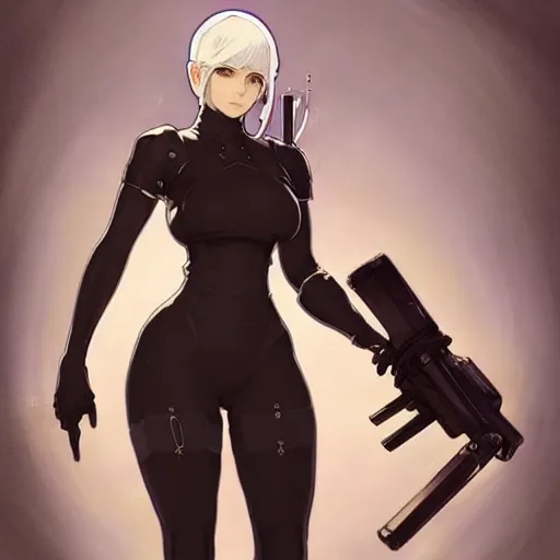 Image similar to a digital concept art by artgerm and greg rutkowski and alphonse mucha. clear portrait of 2 b nier automata in a skintight suit holding a gun!! hyper detailed, character concept, full body!! dynamic pose, glowing lights!! intricate, elegant, highly detailed, digital painting, artstation, concept art, smooth, sharp focus, illustration