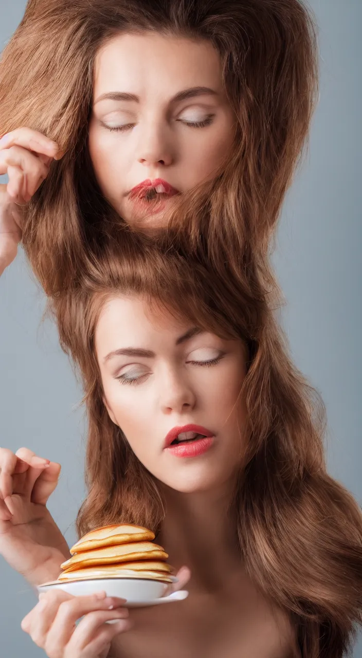 Image similar to a photo of a woman with a pancake on hear head, ultra high detail, 8 k.
