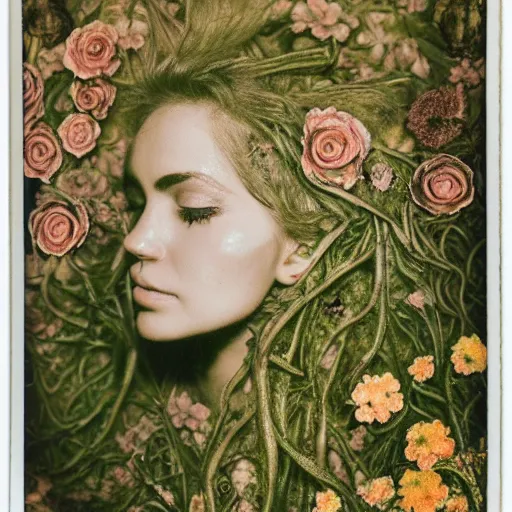 Image similar to a beautiful detailed front view portrait of a rotten woman corpse with plants and fractal flowers growing around, volumetric light, beautiful lit, polaroid photography