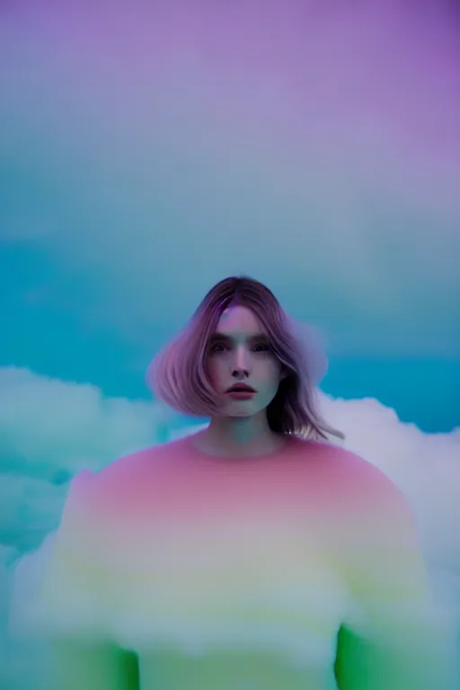 Image similar to high quality pastel coloured film close up wide angle photograph of a model wearing clothing swimming on cloud furniture in a icelandic black rock!! environment in a partially haze filled dreamstate world. three point light, rainbow. photographic production. art directed. pastel colours. volumetric clouds. pastel gradient overlay. waves glitch artefacts. extreme facial clarity. 8 k. filmic.