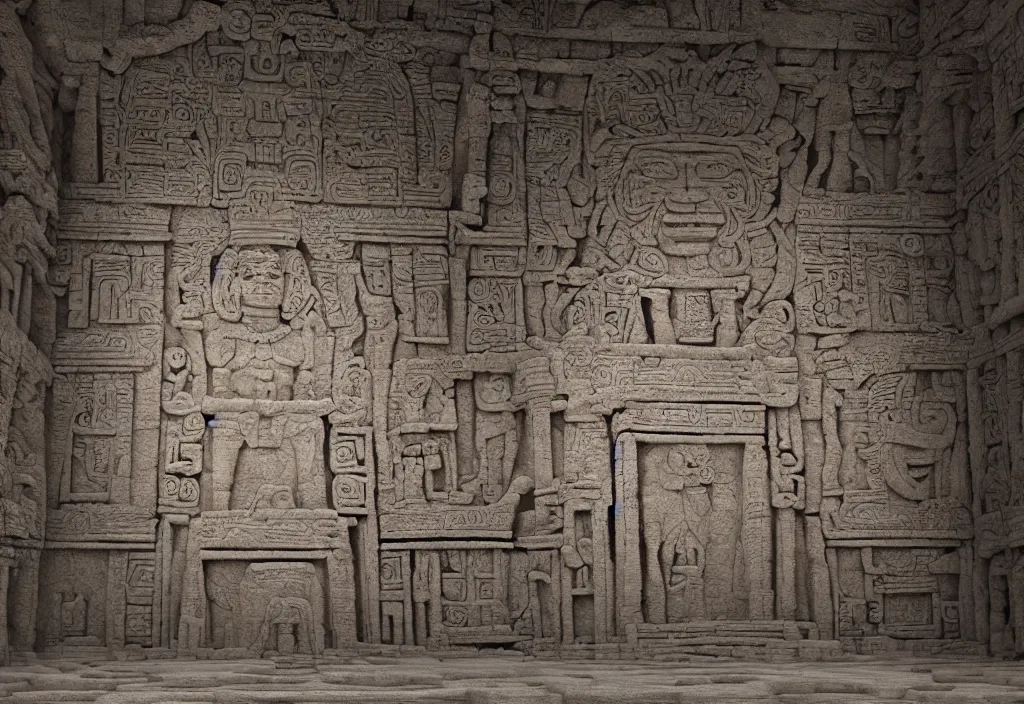 Image similar to a mayan temple interior with symmetric recogniseable giant face portrait of a mayan god-emperor in the center Carved in stone relief style behind an ancient altair of sacrafice. 3d render. Realistic. Well Detailed. Torch light. Omnious, intricate. H.r. giger painting influenced by alien reliefs