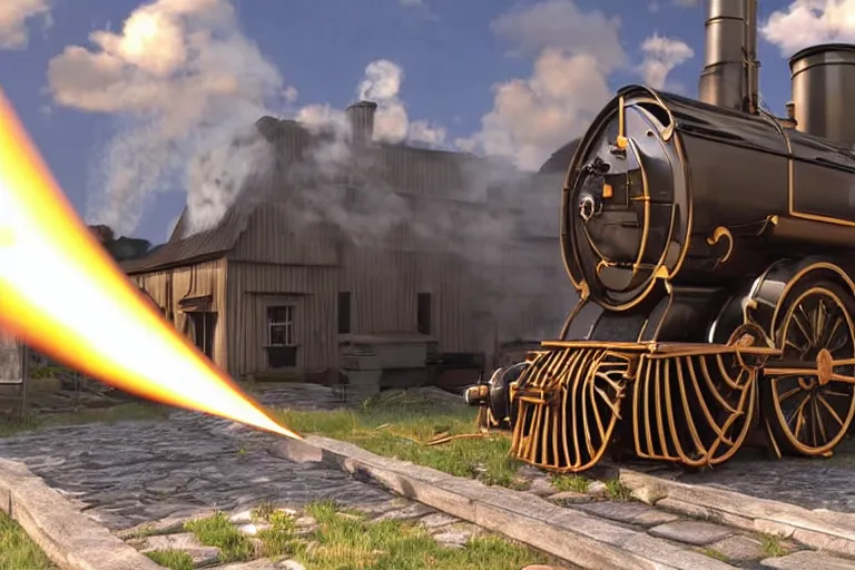 Image similar to still photo of the invention of steam engine, highly detailed, photorealistic shot, bright studio setting, studio lighting, crisp quality and light reflections, unreal engine 5 quality render