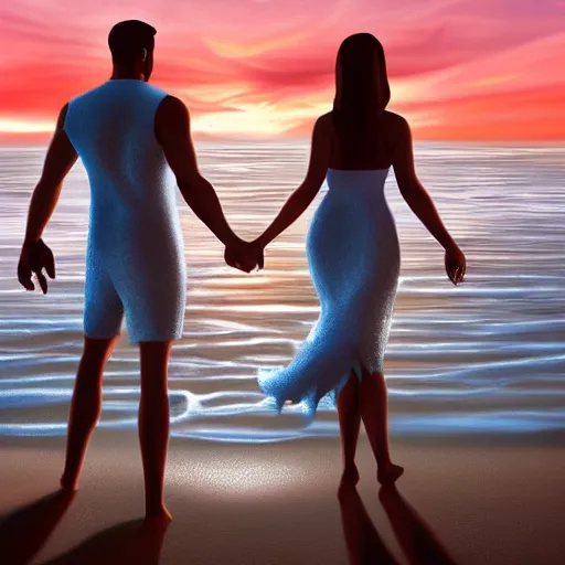 Image similar to a male and a female angels holding hands, seen from the back on a beach made of shiny crystals, at sunset, highly detailed digital art, trending on artstation