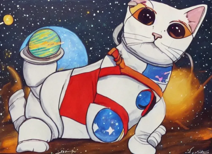 Prompt: painting of a cat dressed as an astronaut, cute, calico, stars, galaxies, planets, moons, stuido ghibli, gurren lagann