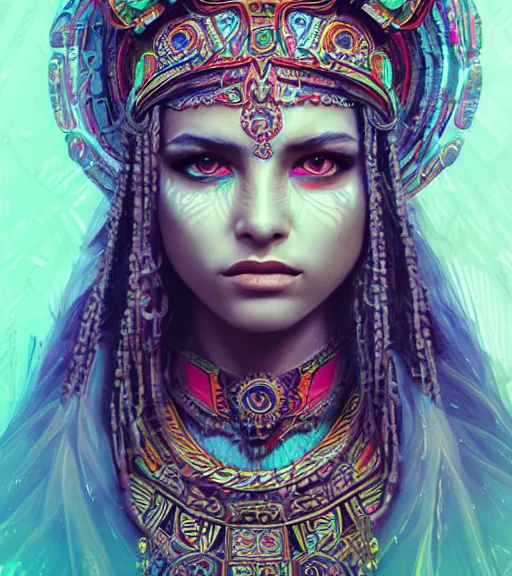 Image similar to beautiful intricate exquisite mayan princess realistic face, full body beautiful eyes, neon colors, drawing, in the style of greg rutkowski, fantasy, amazing detail, epic, intricate, elegant, smooth, sharp focus